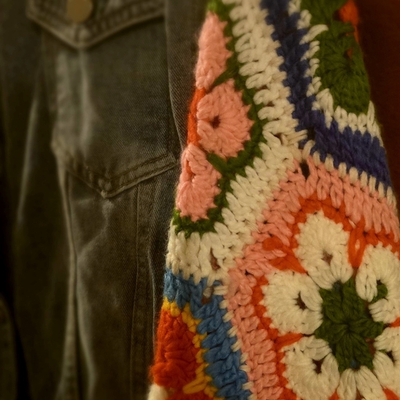 Miracle Denim Jacket with Multicolor Crochet Sleeves - Picture 6 of 7